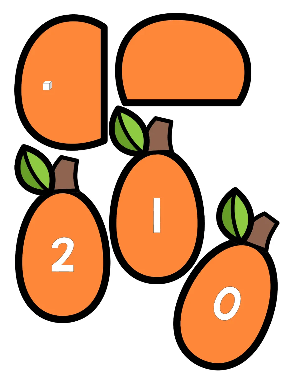 Pumpkin puzzle cut-out pieces: a 1-cube piece, an empty zero piece and stemmed pumpkins showing numerals 2, 1 and 0