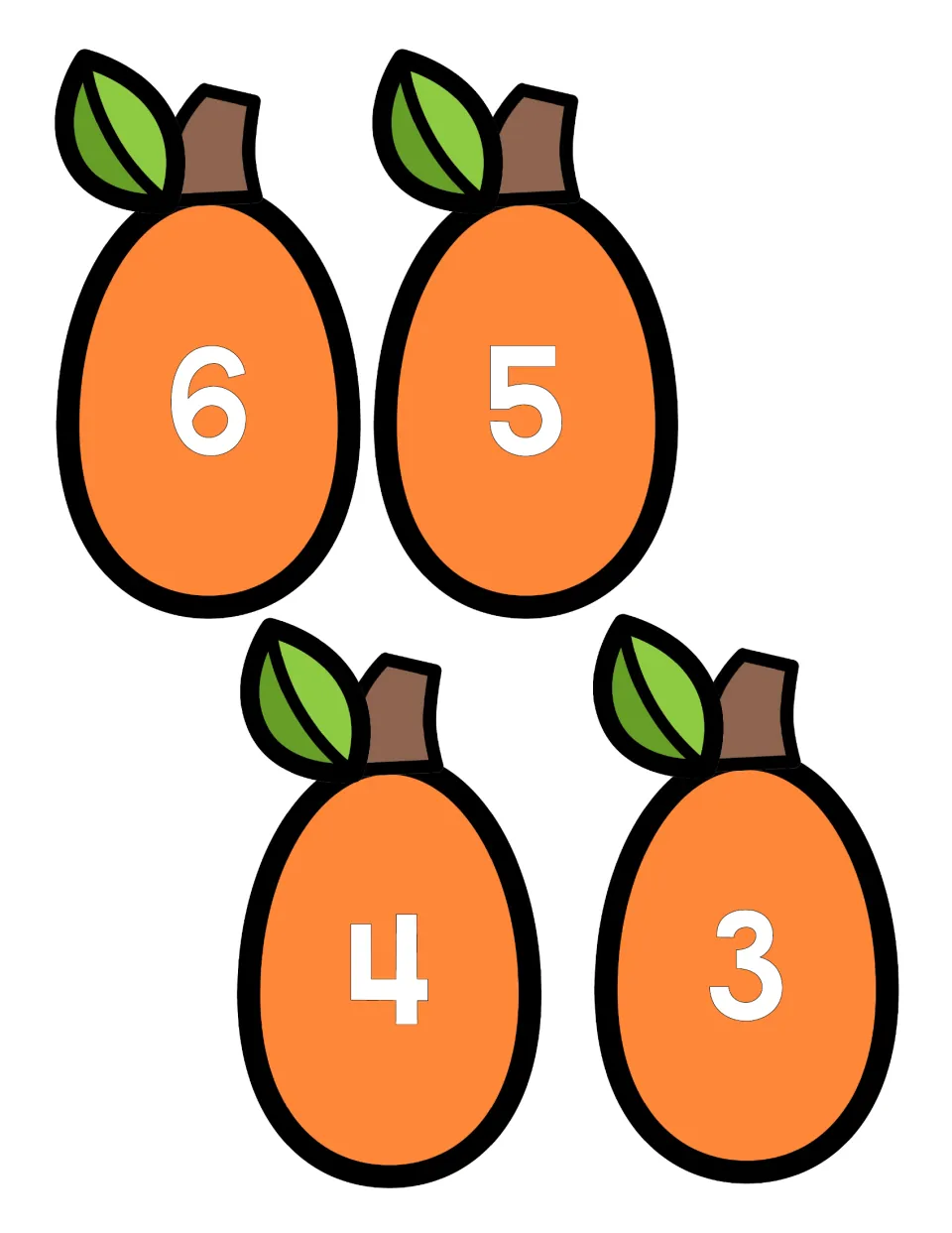 Numeral pumpkin cut-outs with stems and leaves for 6, 5, 4 and 3, paired with number word and cube count pieces