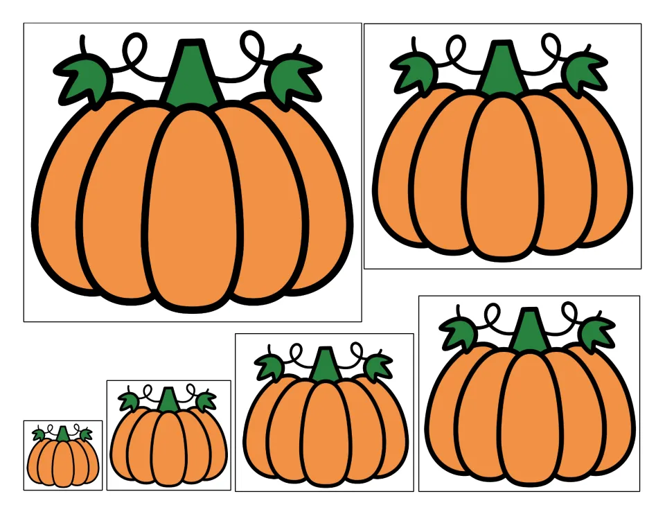 Cover art without title text: six orange pumpkins with green stems and leaves, shown in sizes from very small to large