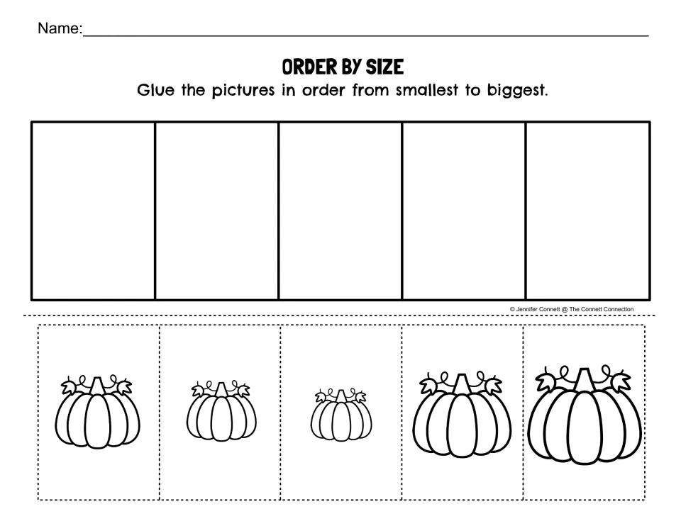 Order by size: students cut out five pumpkins and glue them in order from smallest to biggest to practise size sequencing