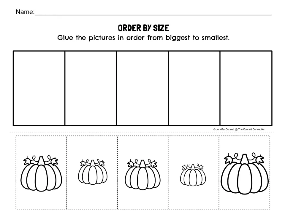 Order by size: students cut out five pumpkins and glue them from biggest to smallest, sequencing in decreasing size