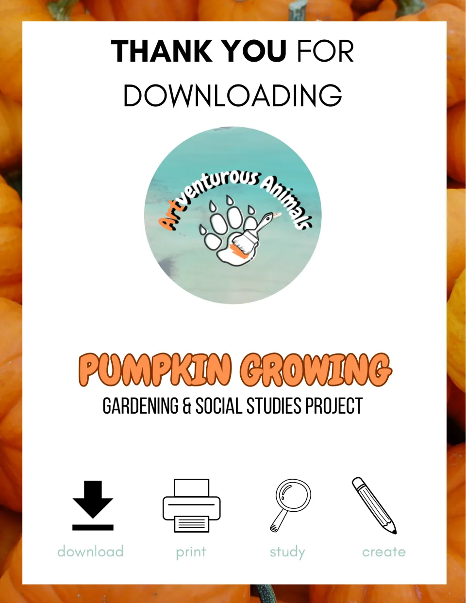 Pumpkin Growing gardening and social studies project cover with a thank-you note and download, print, study, create icons