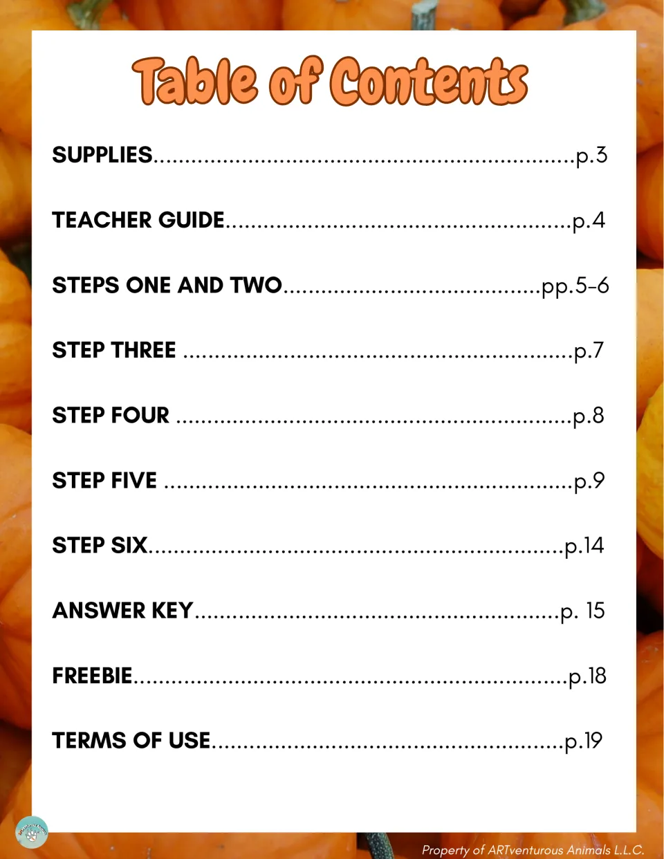 Table of contents listing supplies, teacher guide, steps one to six, answer key, freebie and terms of use with page numbers