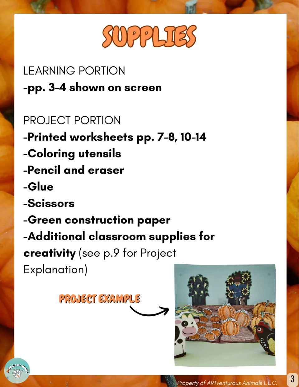 Supplies list for the learning and project portions, such as glue, scissors and green paper, plus a finished patch photo