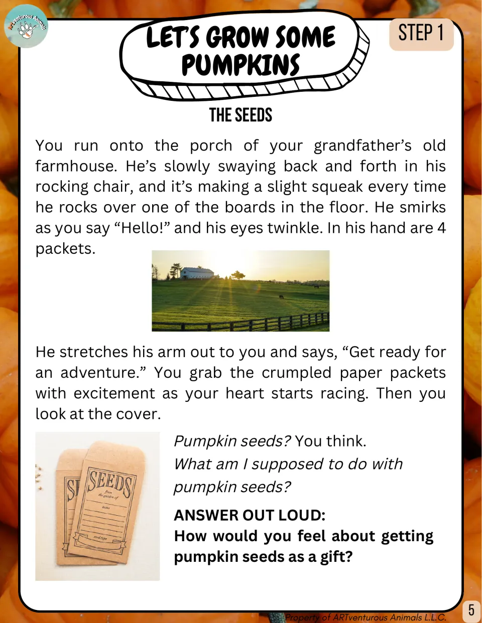 Step 1, The Seeds: a story of Grandpa handing over pumpkin seed packets, ending with an answer-out-loud discussion question