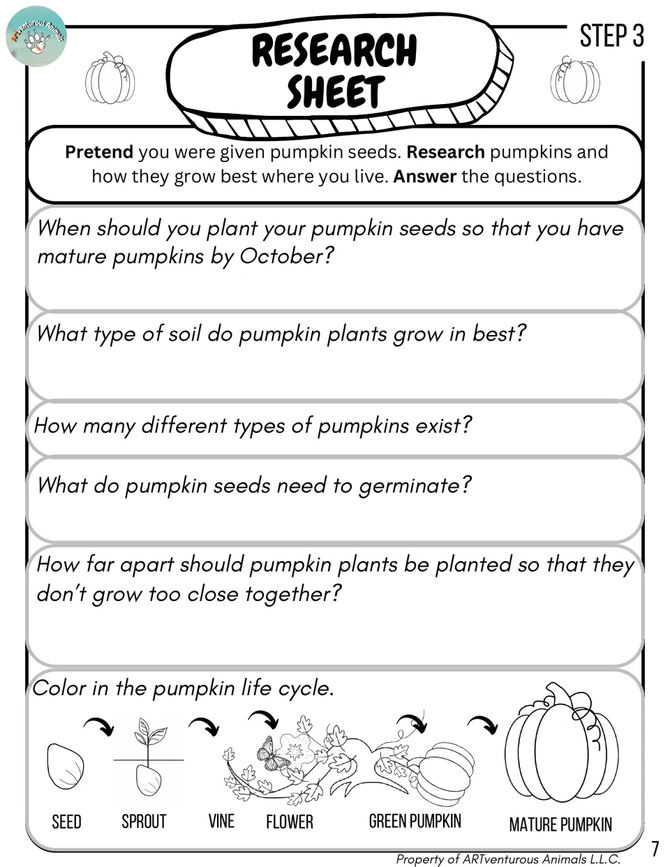 Step 3 research sheet: students research planting time, soil, types and germination, then color the pumpkin life cycle