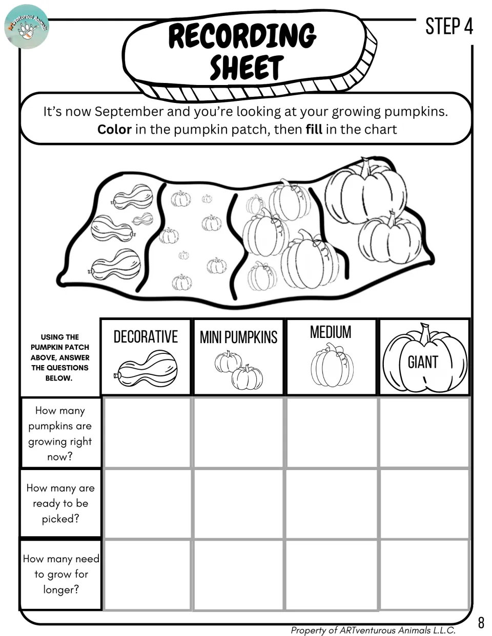 Step 4 recording sheet: students color a pumpkin patch and count decorative, mini, medium and giant pumpkins in a chart