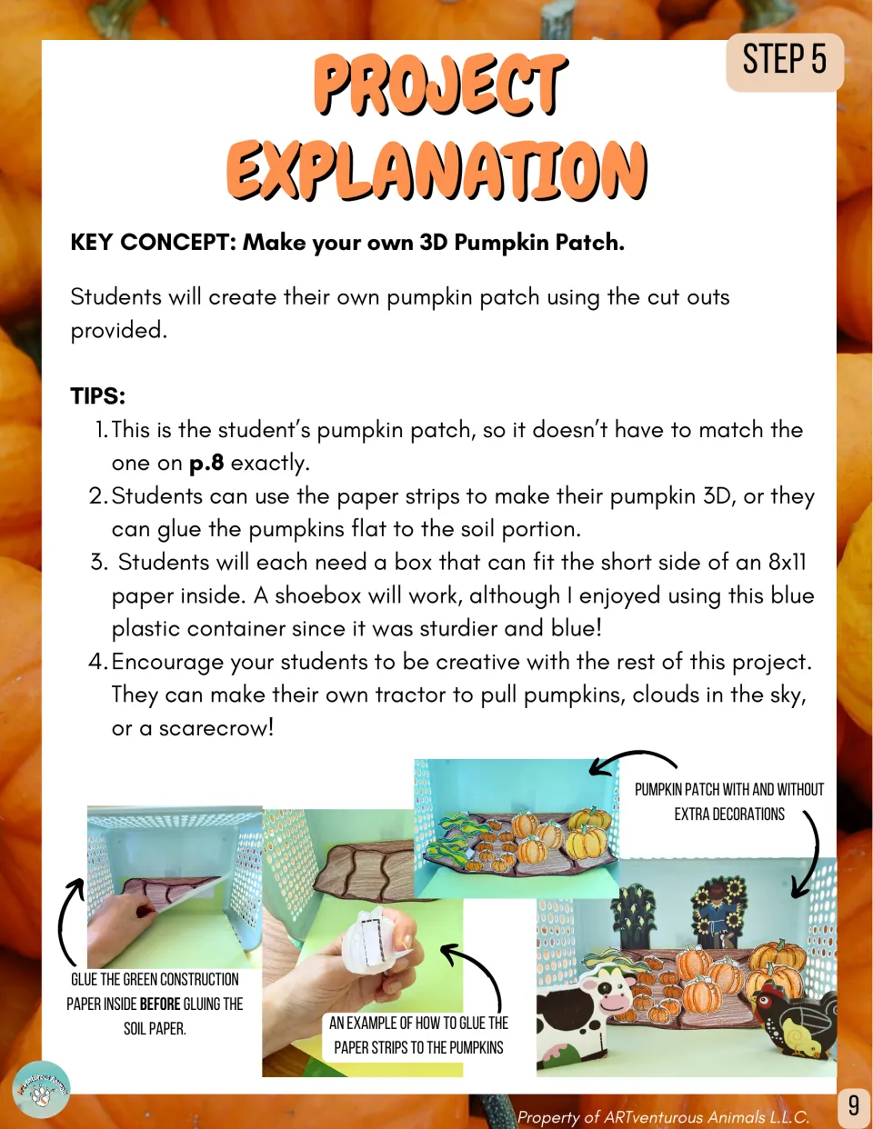Step 5 project explanation: make a 3D pumpkin patch in a box from cut-outs, with four tips and photos of gluing steps
