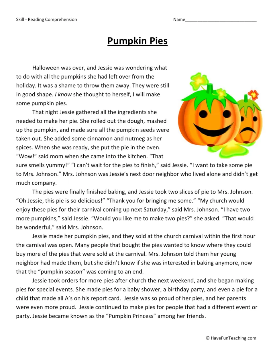 Reading passage about Jessie turning leftover Halloween pumpkins into pies and becoming the Pumpkin Princess.