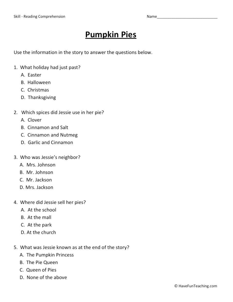 Five multiple-choice questions about the holiday, pie spices, Jessie's neighbor, pie sales, and her nickname.