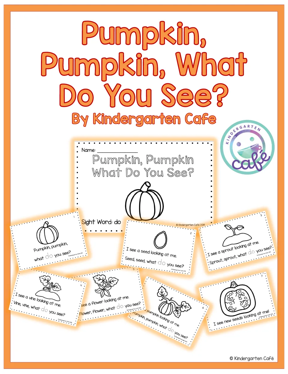 Preview of the pumpkin life cycle reader, showing the student cover and seven illustrated reading pages