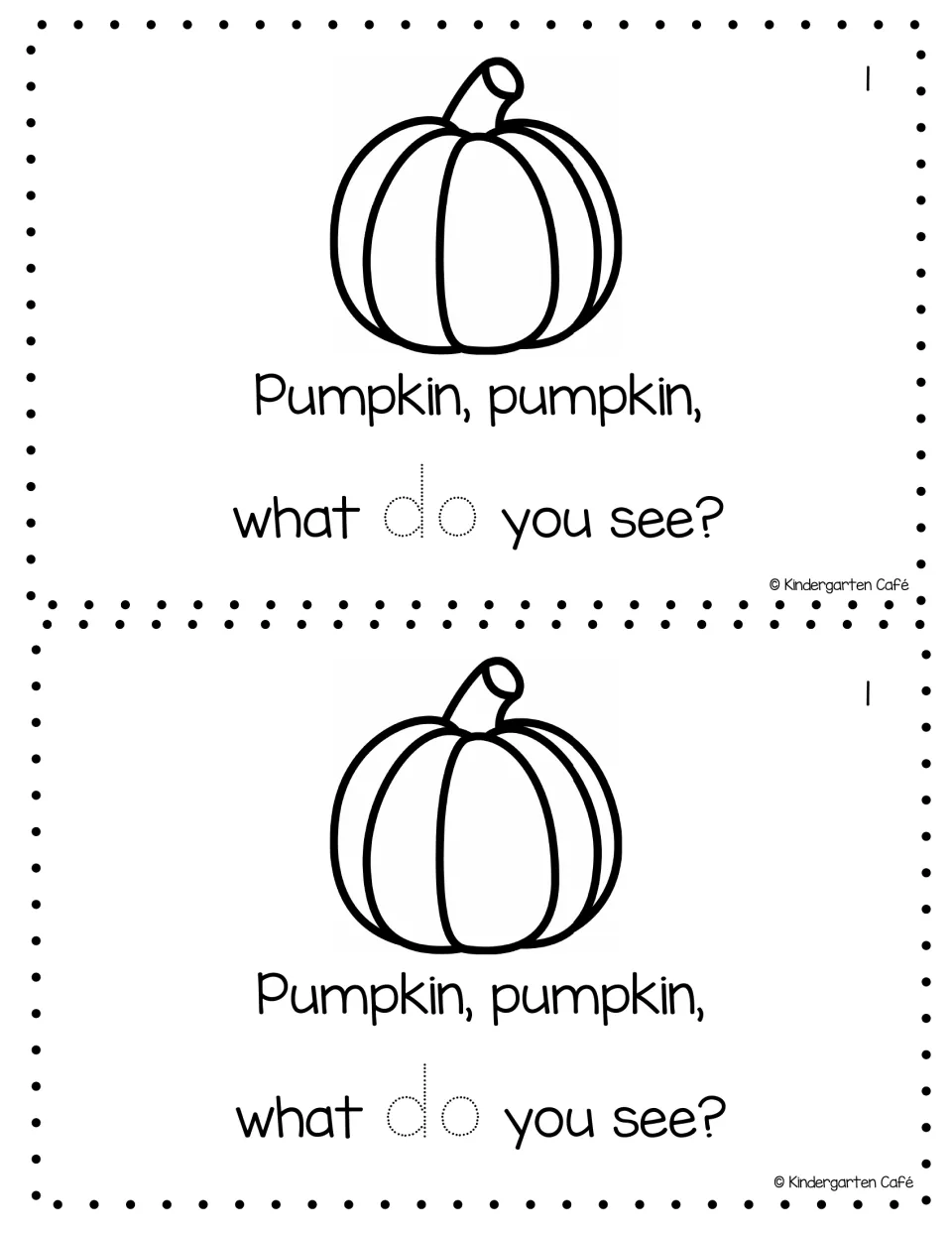 Reader page 1, printed twice: 'Pumpkin, pumpkin, what do you see?' with a pumpkin and traceable word 'do'