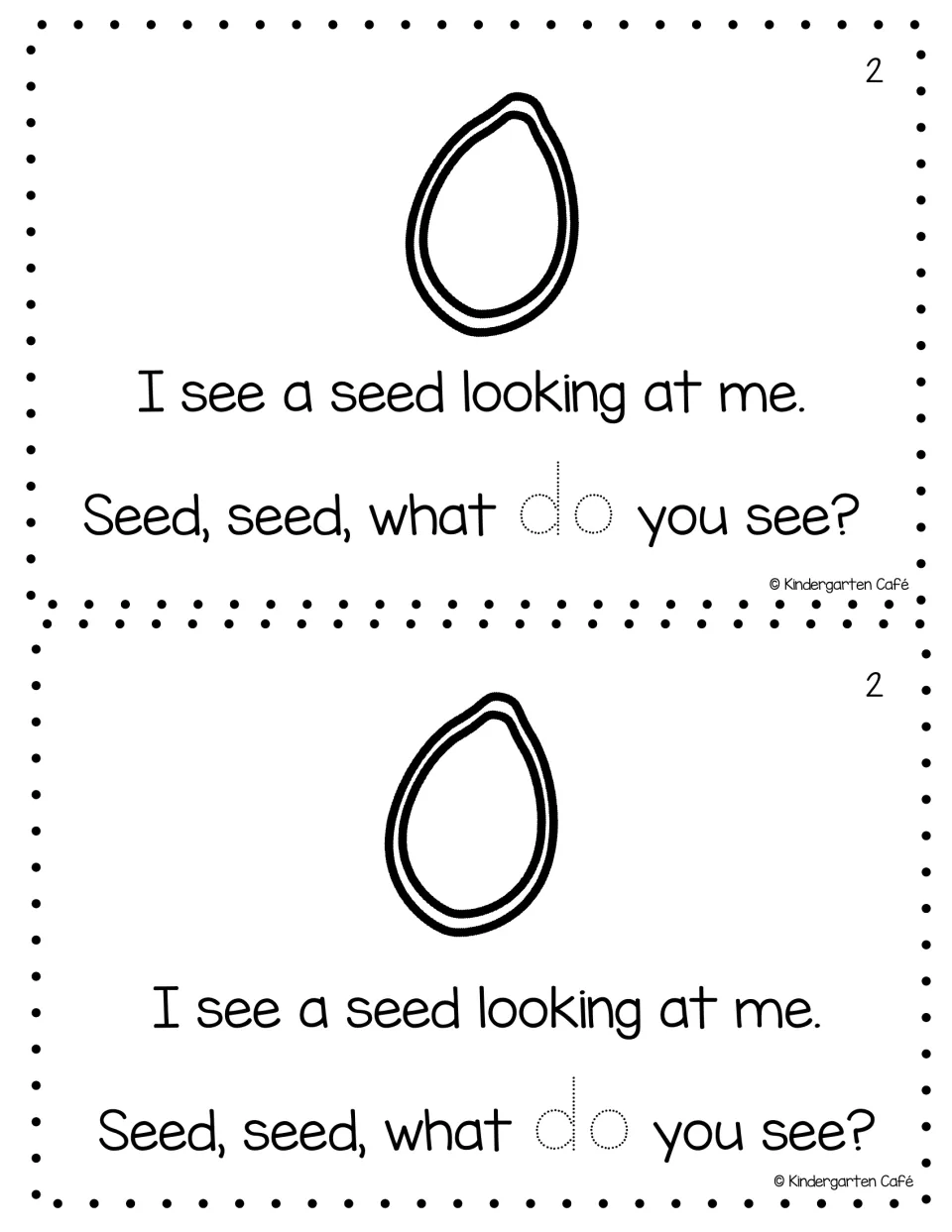 Reader page 2, printed twice: 'I see a seed looking at me.' with a seed picture and traceable word 'do'