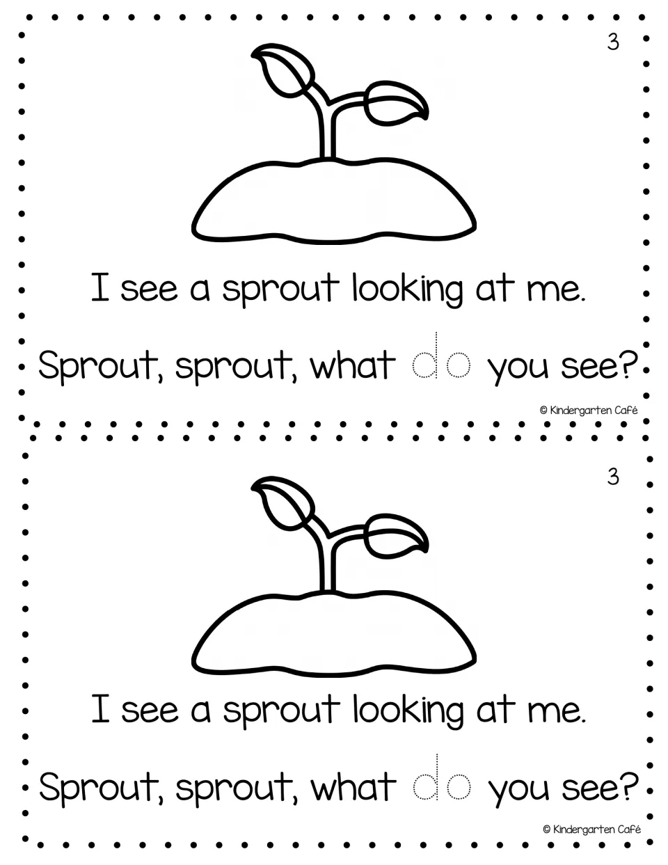 Reader page 3, printed twice: 'I see a sprout looking at me.' with a sprout and traceable word 'do'