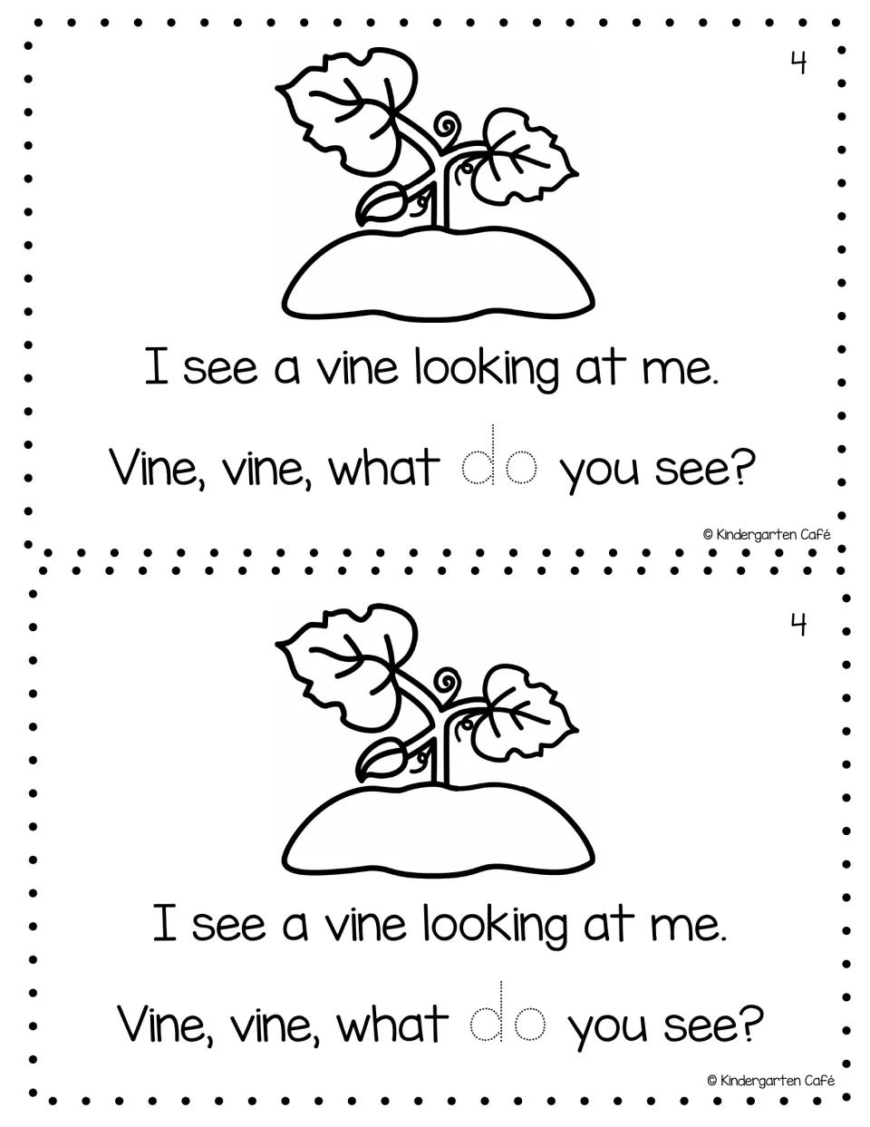 Reader page 4, printed twice: 'I see a vine looking at me.' with a vine picture and traceable word 'do'