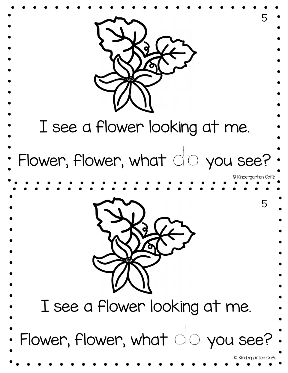 Reader page 5, printed twice: 'I see a flower looking at me.' with a flower and traceable word 'do'