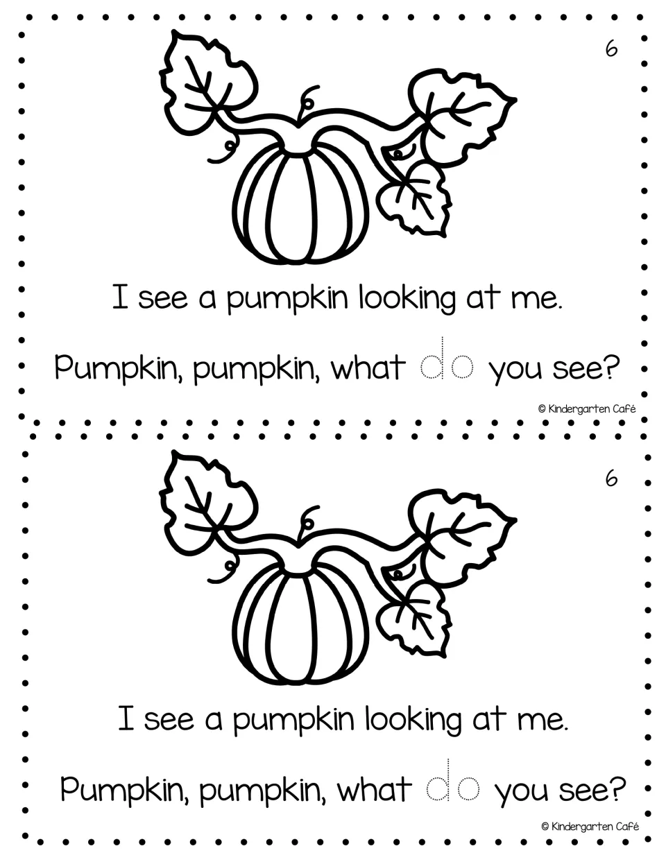 Reader page 6, printed twice: 'I see a pumpkin looking at me.' with a pumpkin and traceable word 'do'
