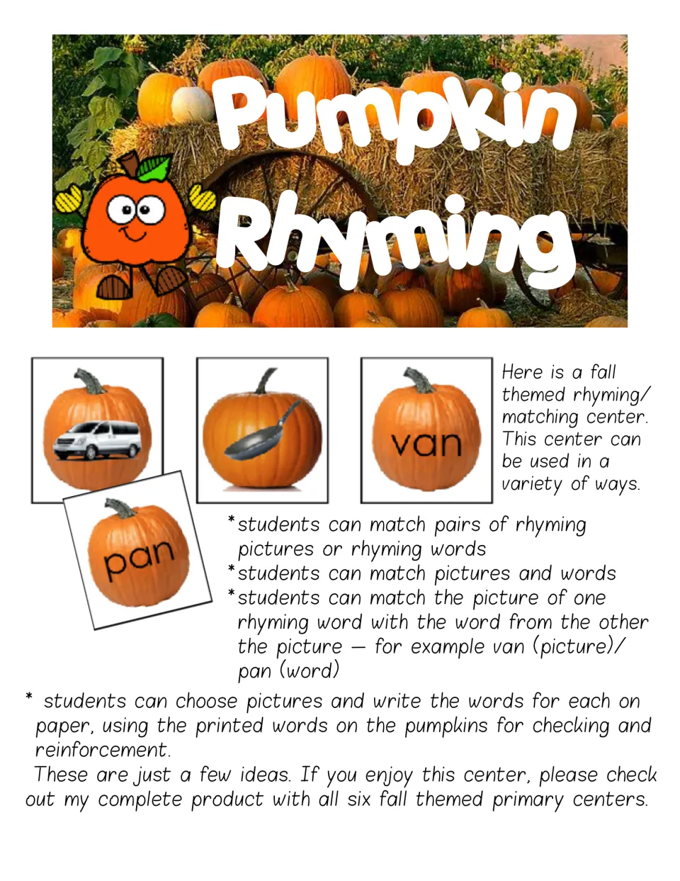 Pumpkin Rhyming cover: fall center directions for matching rhyming picture and word pumpkins, shown with van and pan cards