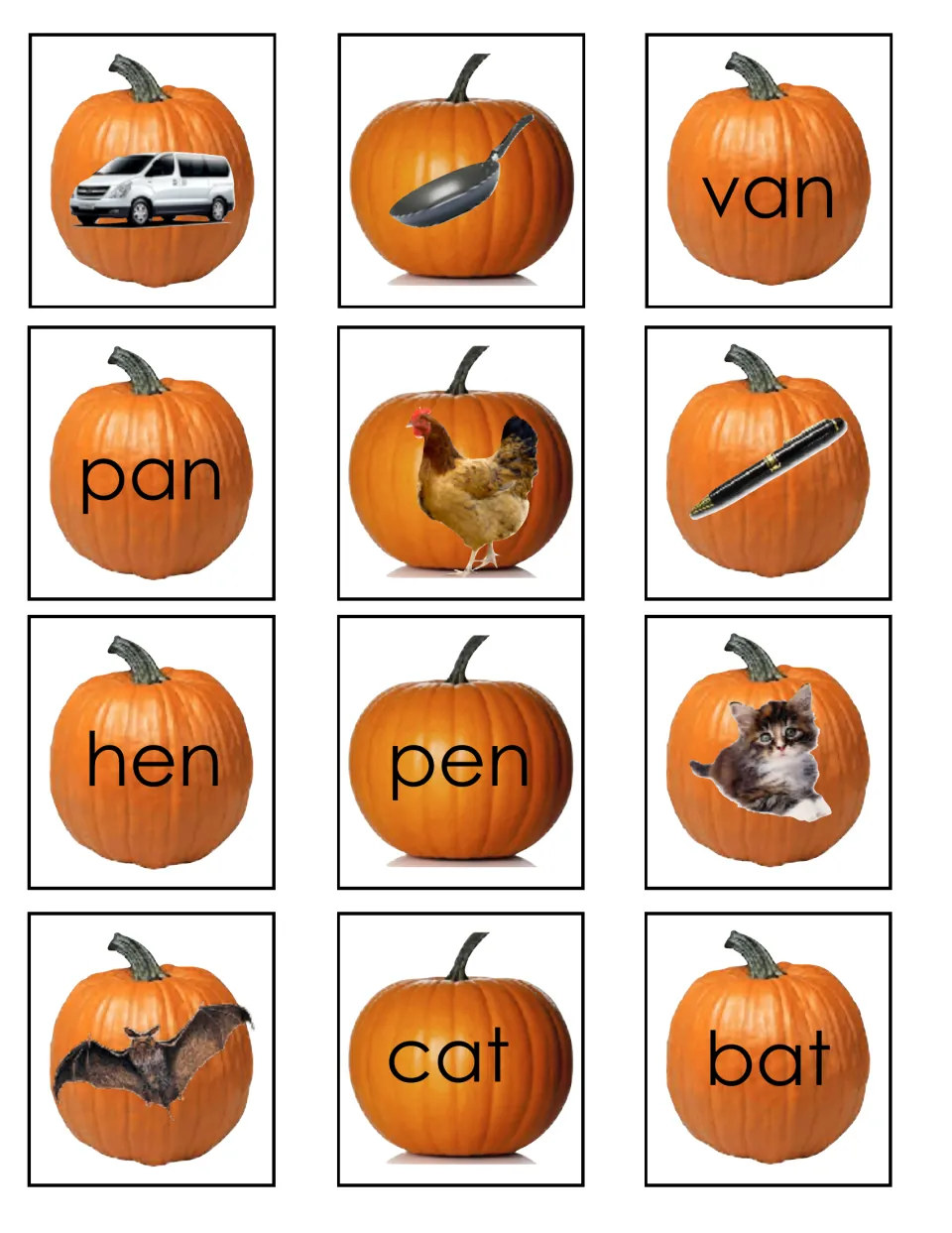 Rhyming cards: students match pumpkin pictures and words for van/pan, hen/pen and cat/bat to pair rhyming CVC words