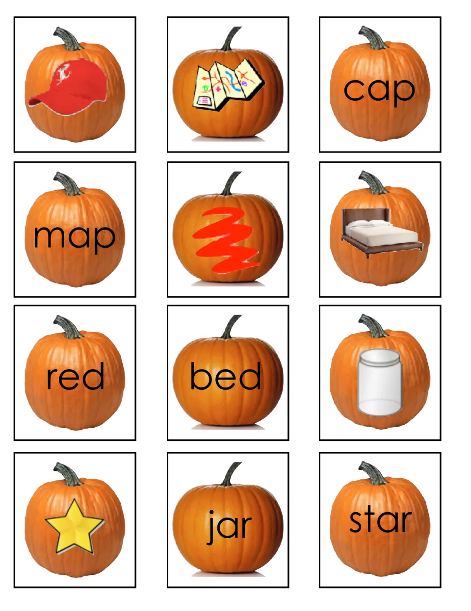 Rhyming cards for cap/map, red/bed and jar/star: students match each pumpkin picture to its word and its rhyming partner
