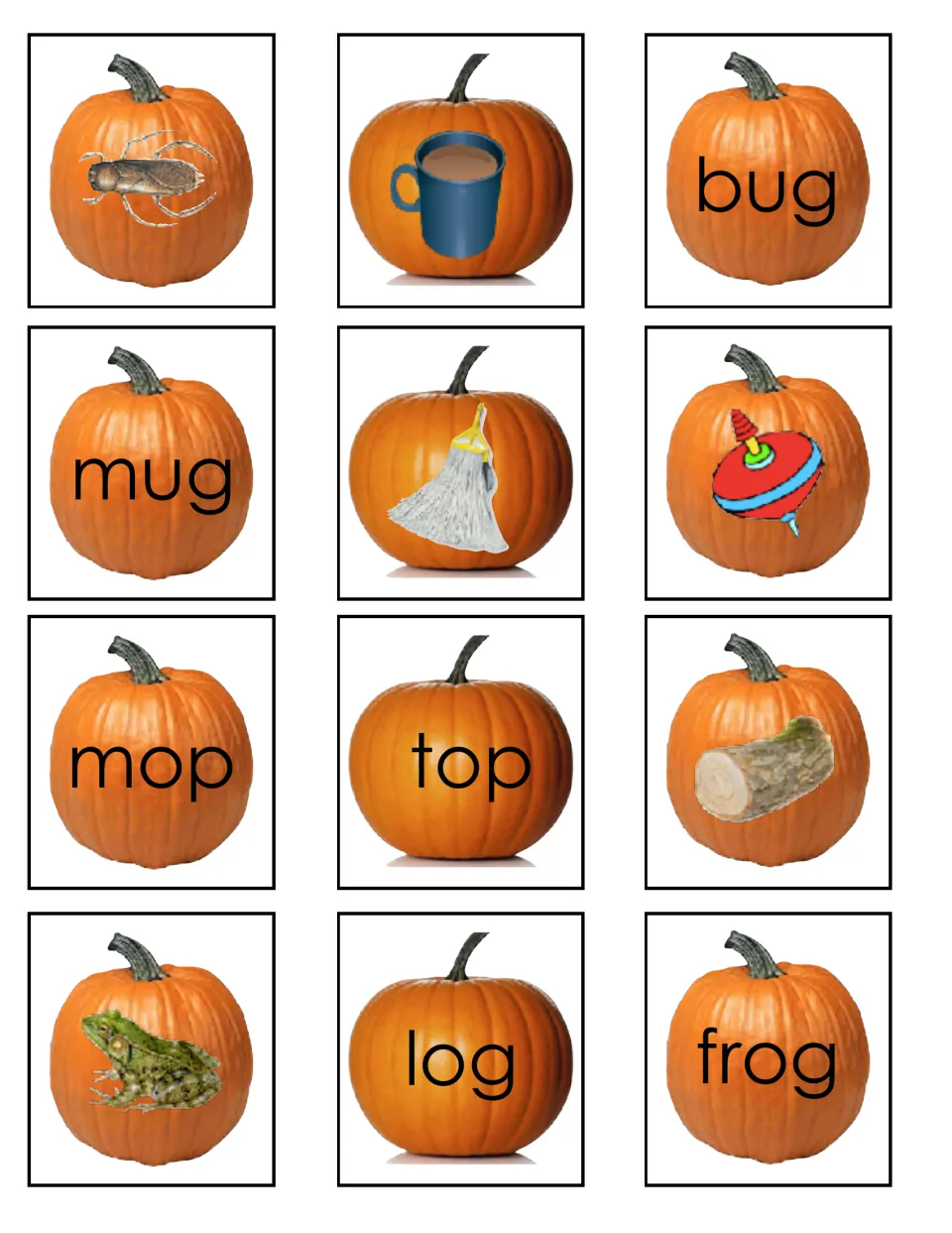 Rhyme matching with bug/mug, mop/top and log/frog: students pair pumpkin picture cards with printed word cards