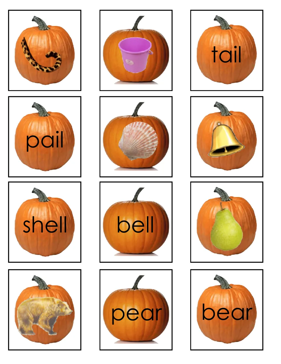 Rhyme pairs tail/pail, shell/bell and pear/bear: students match each photo pumpkin to the word pumpkin that names it