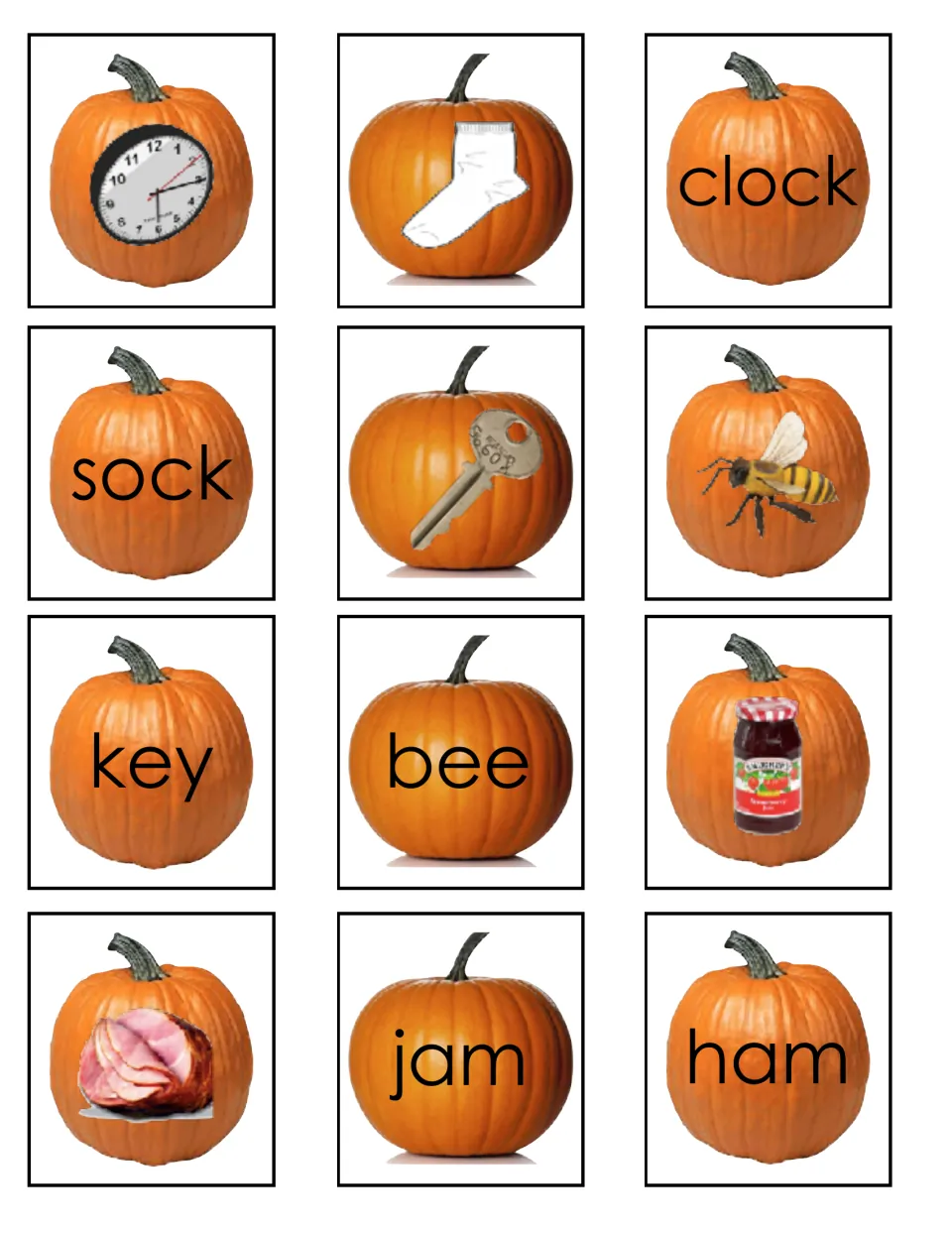 Rhyming picture and word cards for clock/sock, key/bee and jam/ham: students pair rhymes and read each printed word