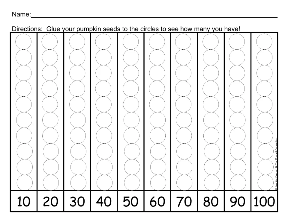 Pumpkin seed counting mat 1: glue seeds onto 100 circles, with cumulative totals marked by tens from 10 to 100.