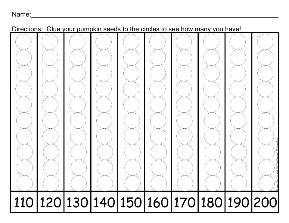 Pumpkin seed counting mat 2: glue seeds onto 100 circles, with cumulative totals marked by tens from 110 to 200.