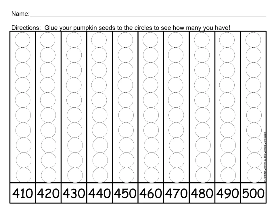 Pumpkin seed counting mat 5: glue seeds onto 100 circles, with cumulative totals marked by tens from 410 to 500.