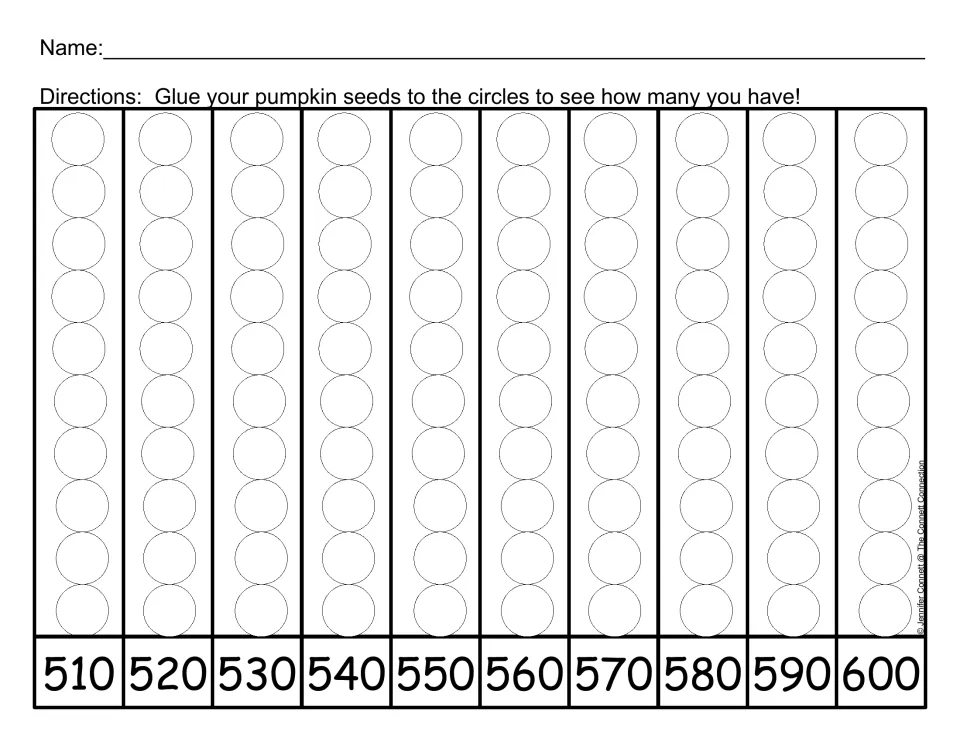 Pumpkin seed counting mat 6: glue seeds onto 100 circles, with cumulative totals marked by tens from 510 to 600.
