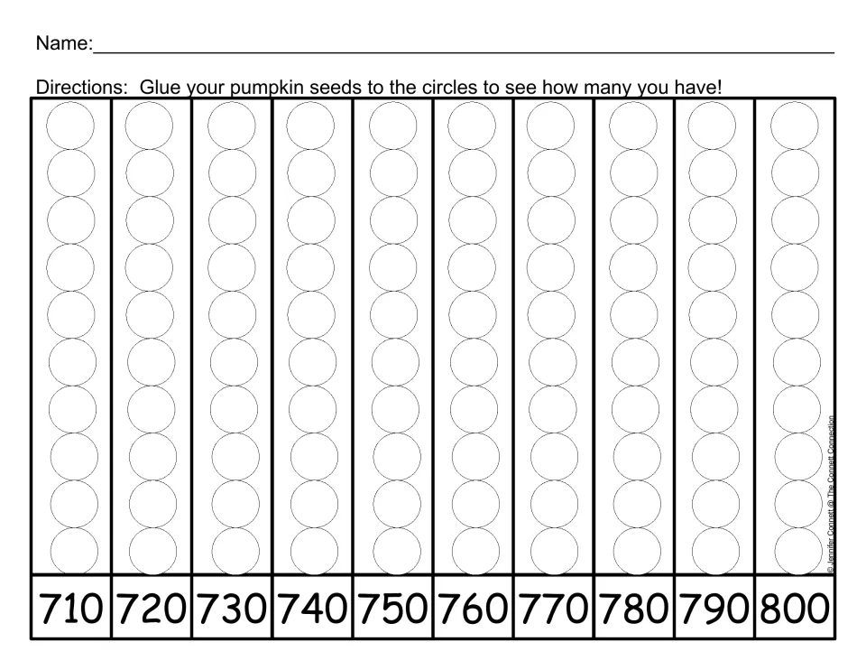 Pumpkin seed counting mat 8: glue seeds onto 100 circles, with cumulative totals marked by tens from 710 to 800.