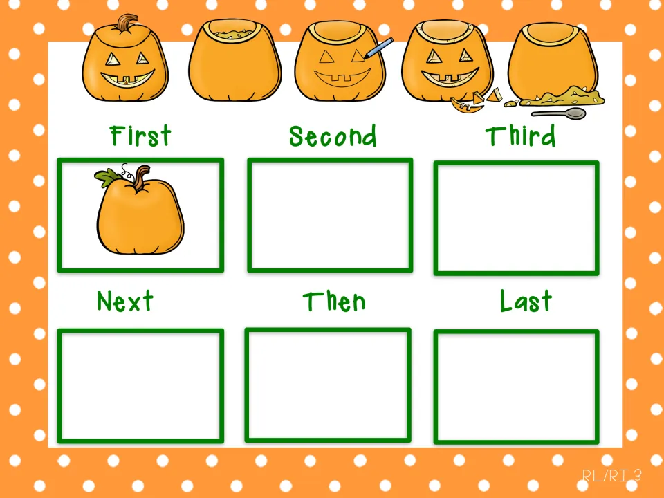 Pumpkin carving sequencing: whole pumpkin placed under First; students order five more carving pictures into the steps