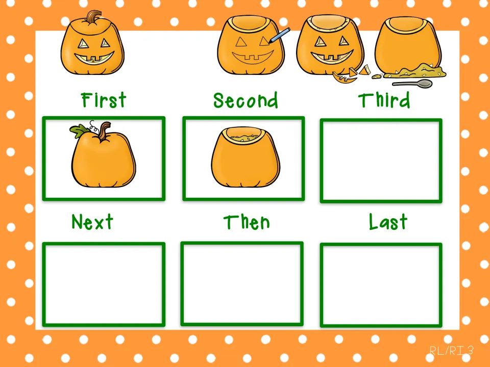 Pumpkin carving sequencing: uncut and opened pumpkins placed First and Second; four carving pictures left to put in order