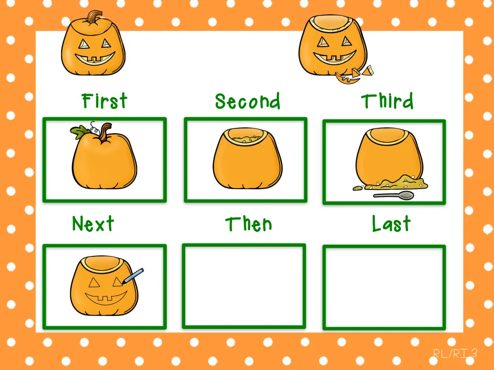 Pumpkin carving sequencing: face drawn on the pumpkin placed under Next; carved and finished jack-o'-lanterns remain