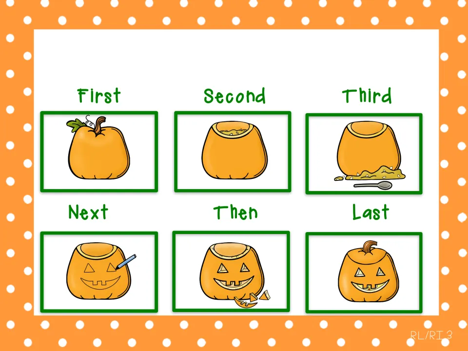 Pumpkin carving sequencing complete: whole, opened, scooped, face drawn, carved and finished jack-o'-lantern in order