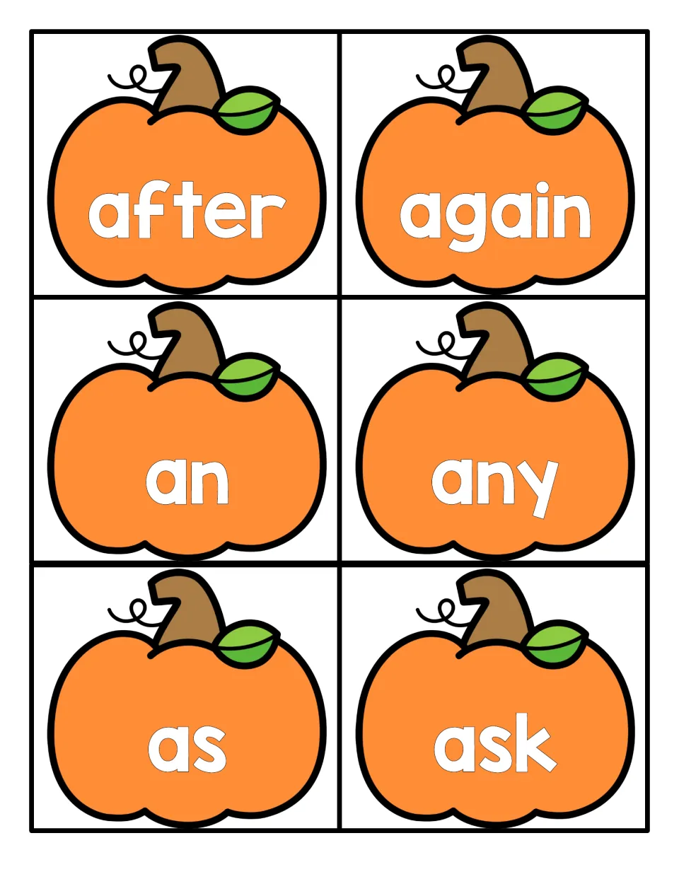 Pumpkin sight word cards for reading practice: six orange pumpkins labeled after, again, an, any, as and ask