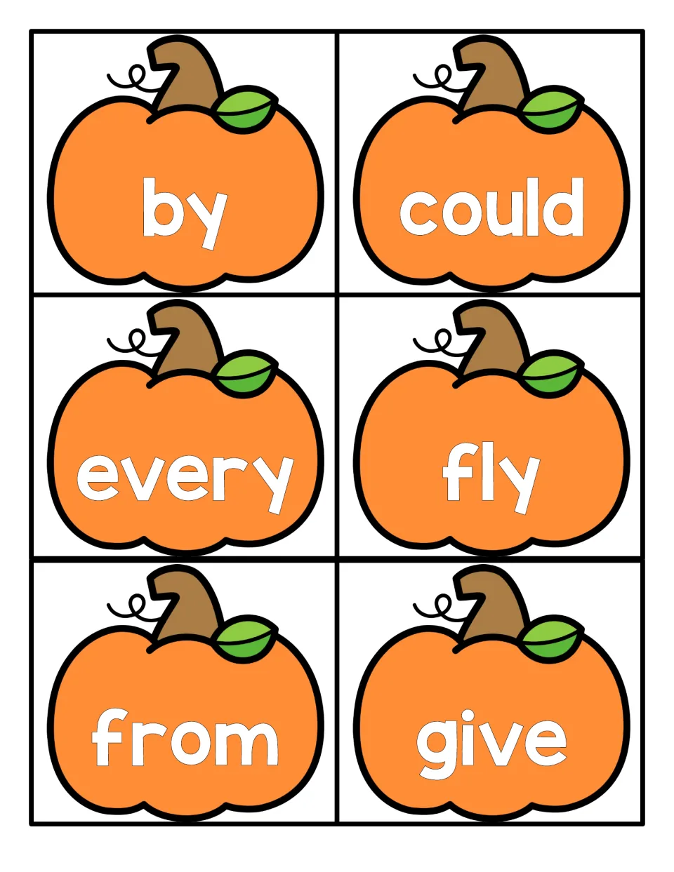 Sight word flashcards on pumpkins for students to read aloud: by, could, every, fly, from and give