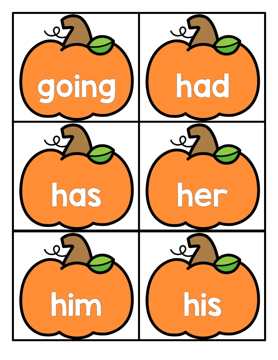 Pumpkin cards for reading high-frequency words: going, had, has, her, him and his, one word per pumpkin