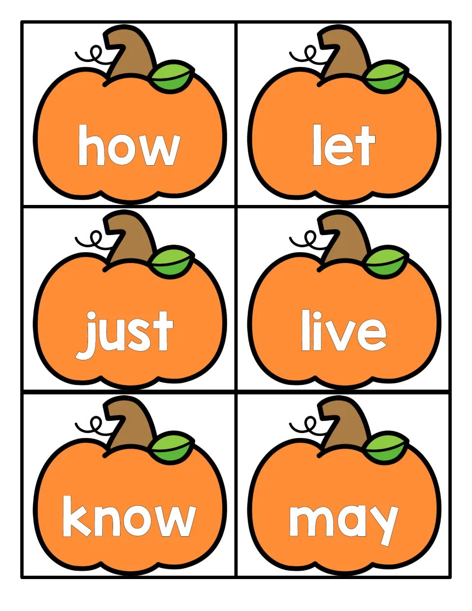 Fall sight word cards for word recognition: pumpkins showing how, let, just, live, know and may to read