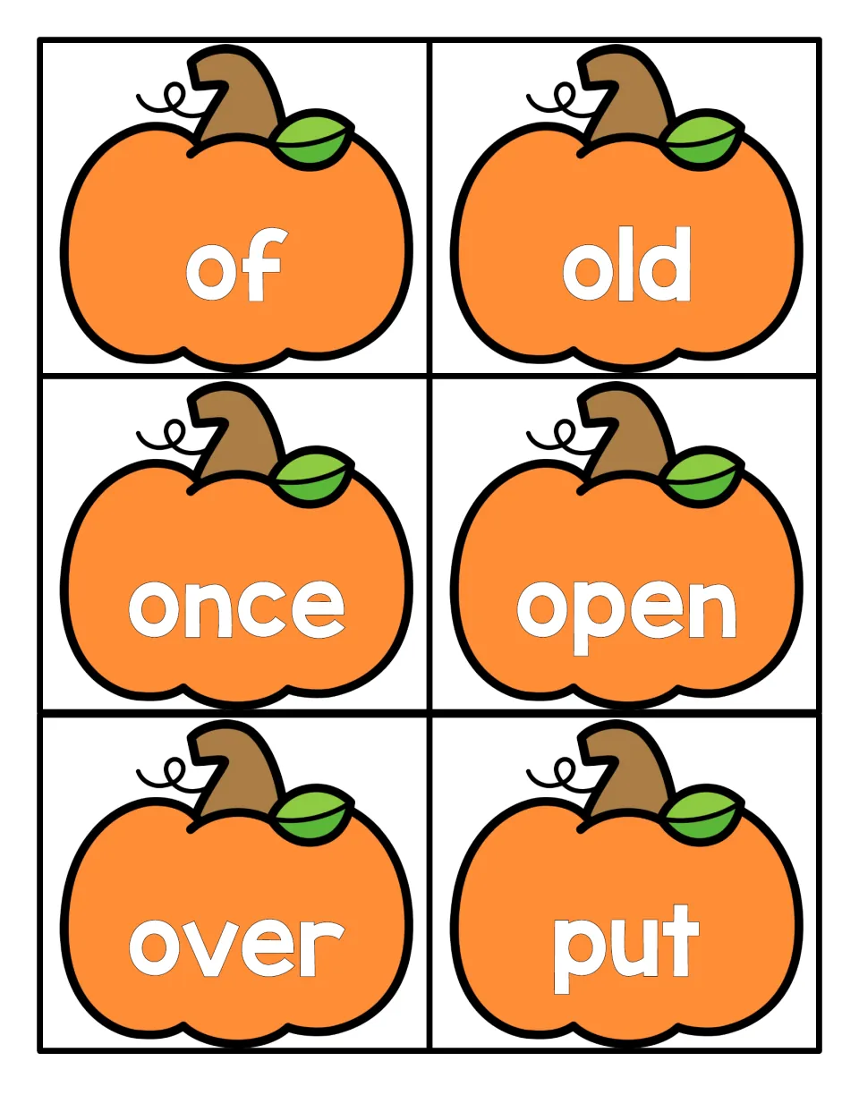 Pumpkin flashcards for sight word reading: of, old, once, open, over and put printed in white on orange