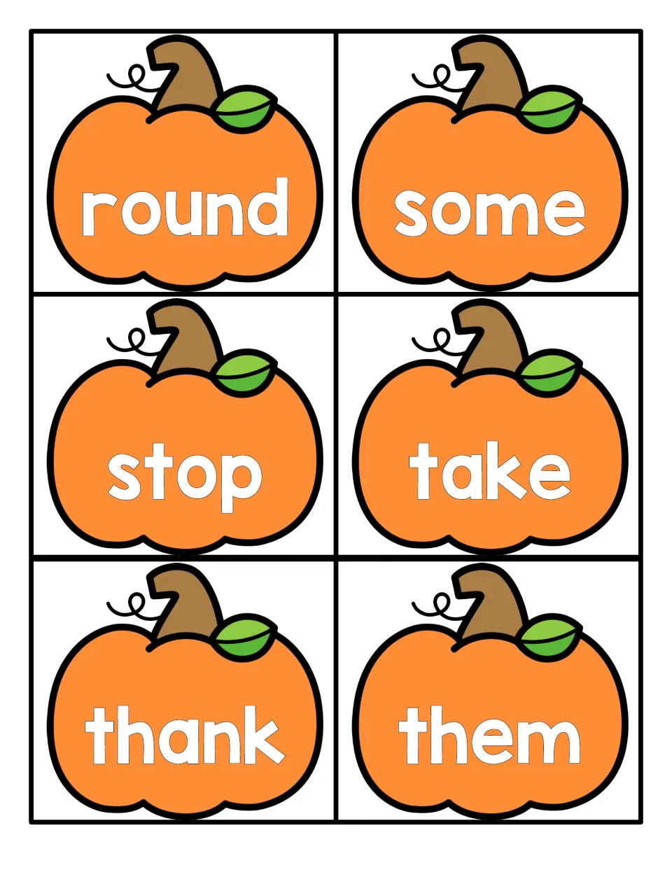 High-frequency word cards on pumpkins for students to read: round, some, stop, take, thank and them