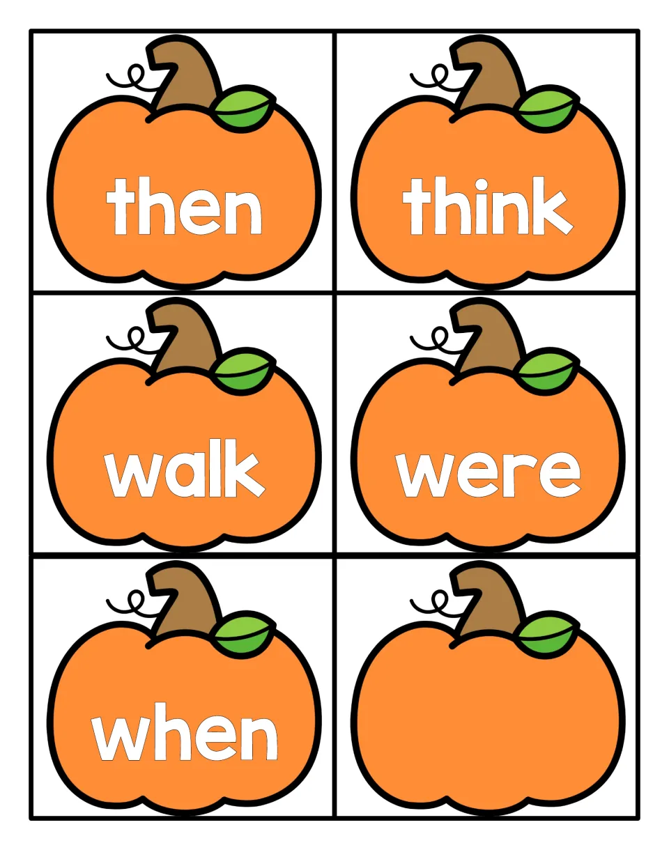 Final sight word pumpkin cards to read: then, think, walk, were and when, plus one blank pumpkin card