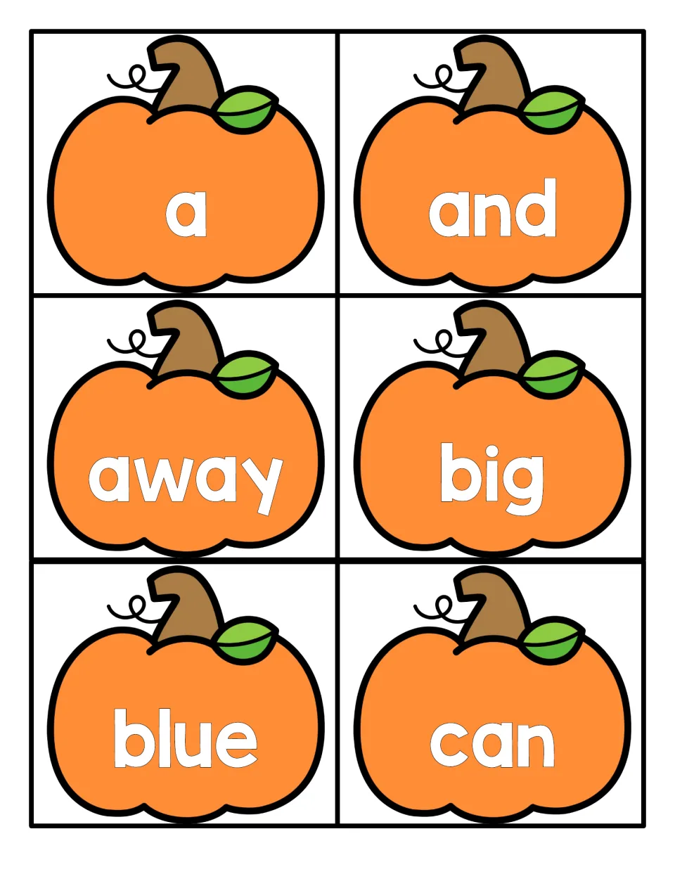 Pumpkin sight word cards: students read a, and, away, big, blue and can, one word printed on each orange pumpkin