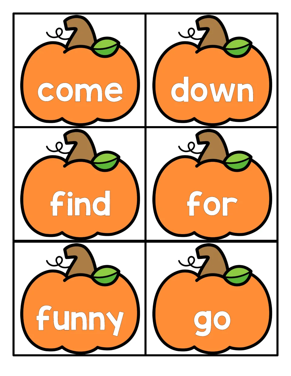 Preprimer word cards for come, down, find, for, funny and go, each word in white on a pumpkin for students to read aloud