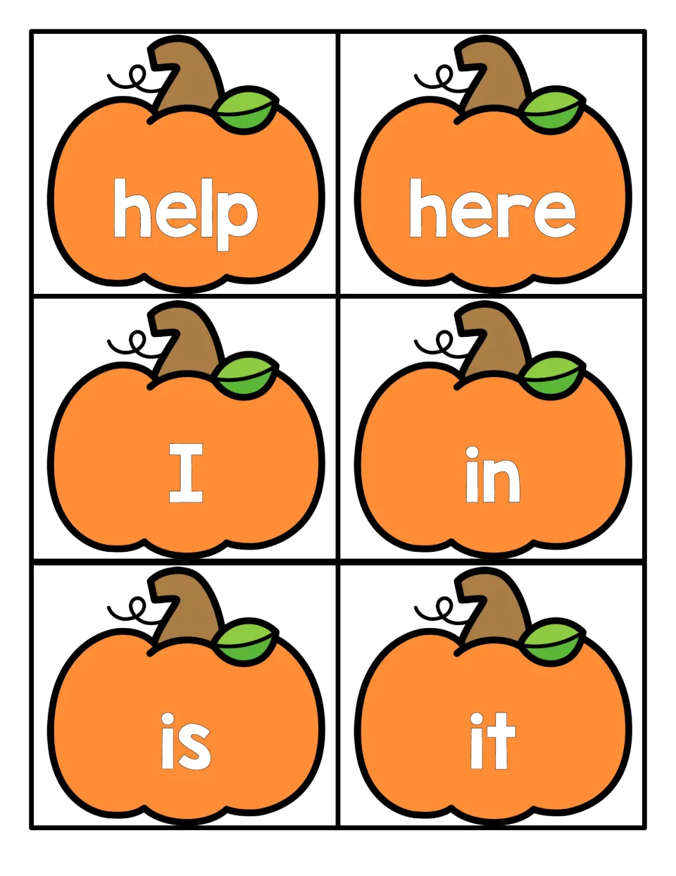 Pumpkin flashcards for help, here, I, in, is and it: students practise reading high-frequency words by sight