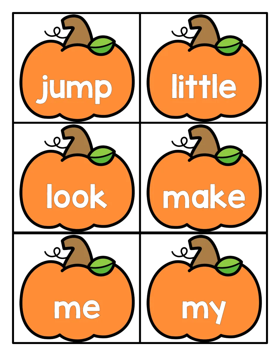 Word cards for jump, little, look, make, me and my on pumpkins; students read each preprimer word on sight
