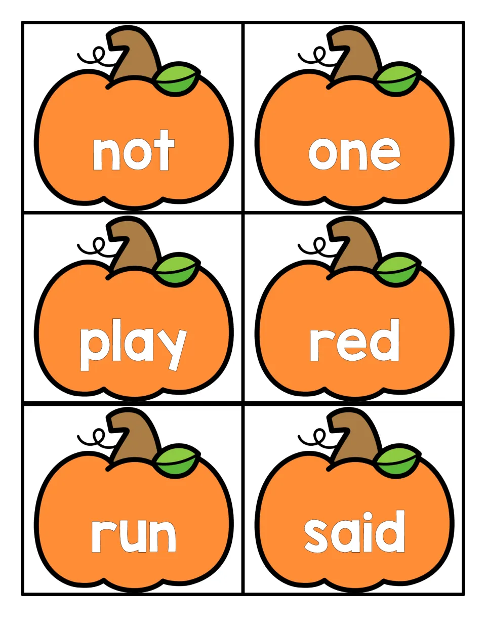 Sight-reading cards for not, one, play, red, run and said, each white word set on an orange pumpkin