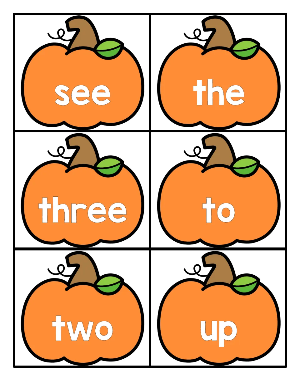 Pumpkin cards for see, the, three, to, two and up: students recognize and read each high-frequency word