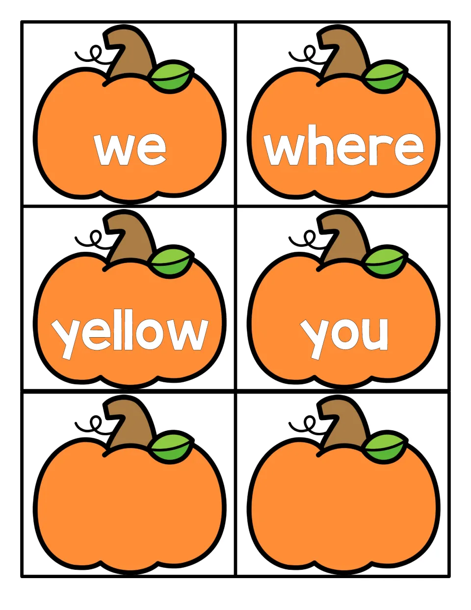 Last word cards: we, where, yellow and you on pumpkins, plus two blank pumpkins for adding your own words